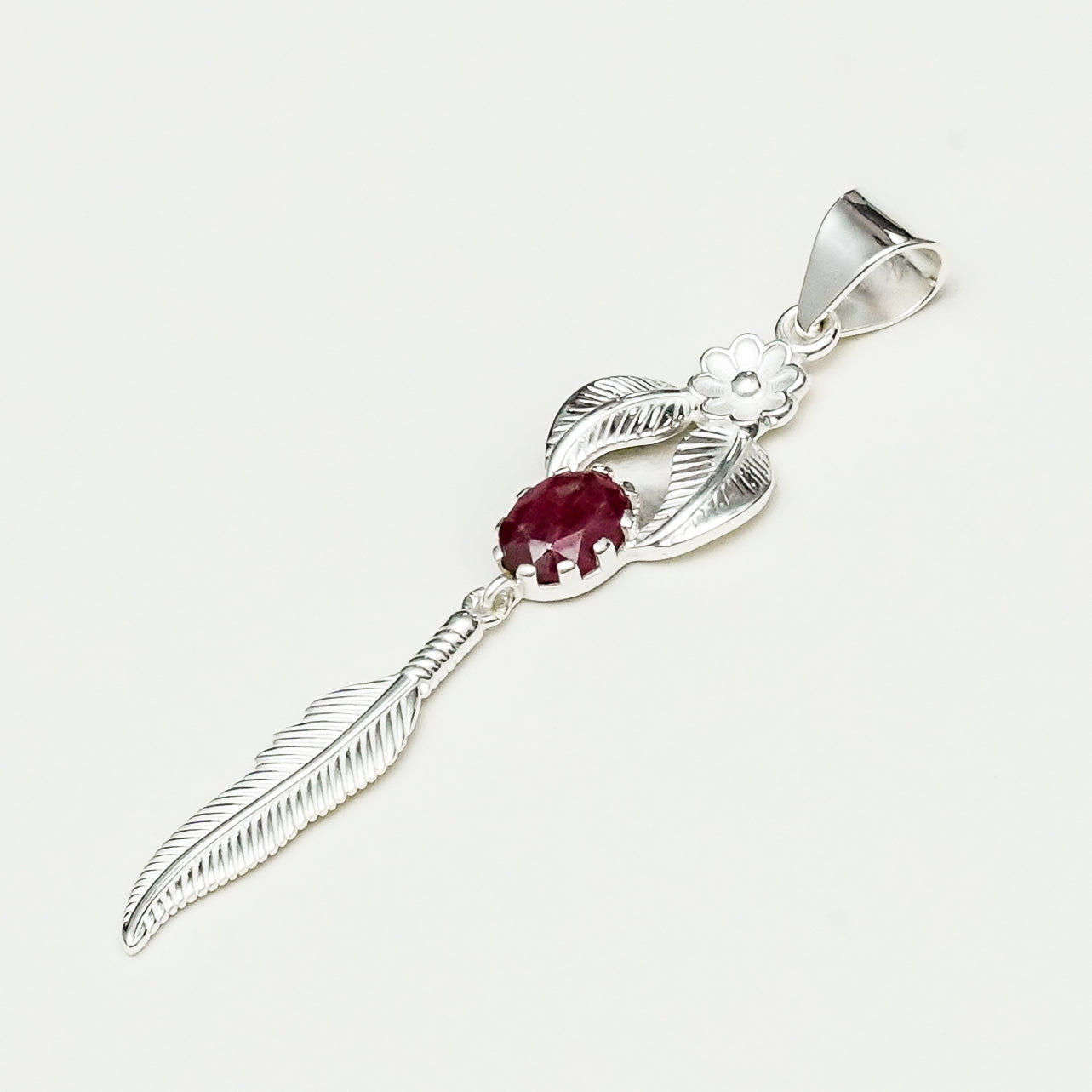 Feather Pendant With Red Gemstone Handmade  In Solid Sterling Silver