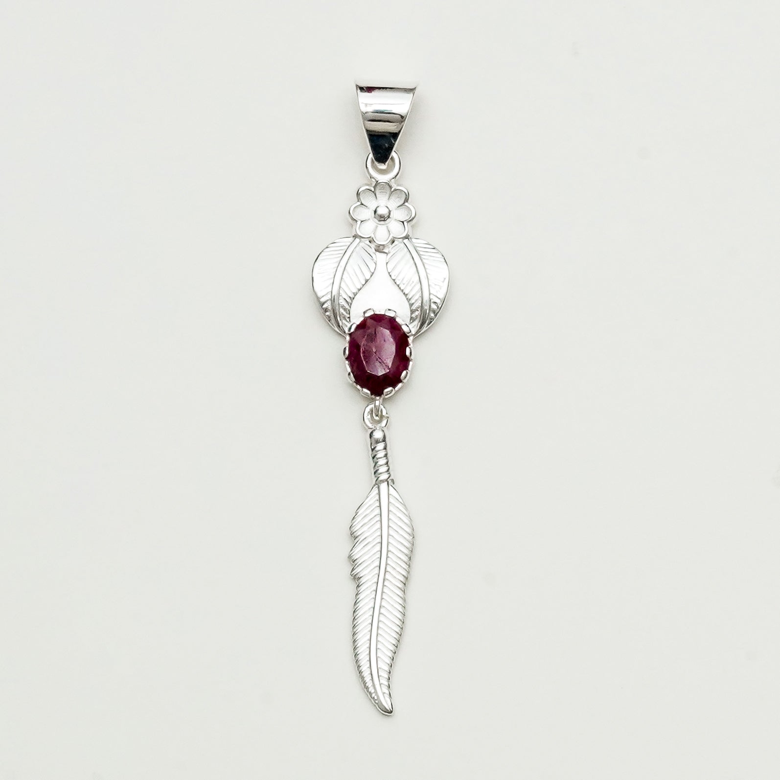 Feather Pendant With Red Gemstone Handmade  In Solid Sterling Silver