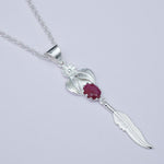 Feather Pendant With Red Gemstone Handmade  In Solid Sterling Silver