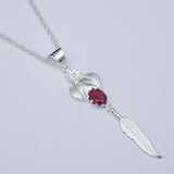 Feather Pendant With Red Gemstone Handmade  In Solid Sterling Silver