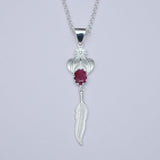 Feather Pendant With Red Gemstone Handmade  In Solid Sterling Silver