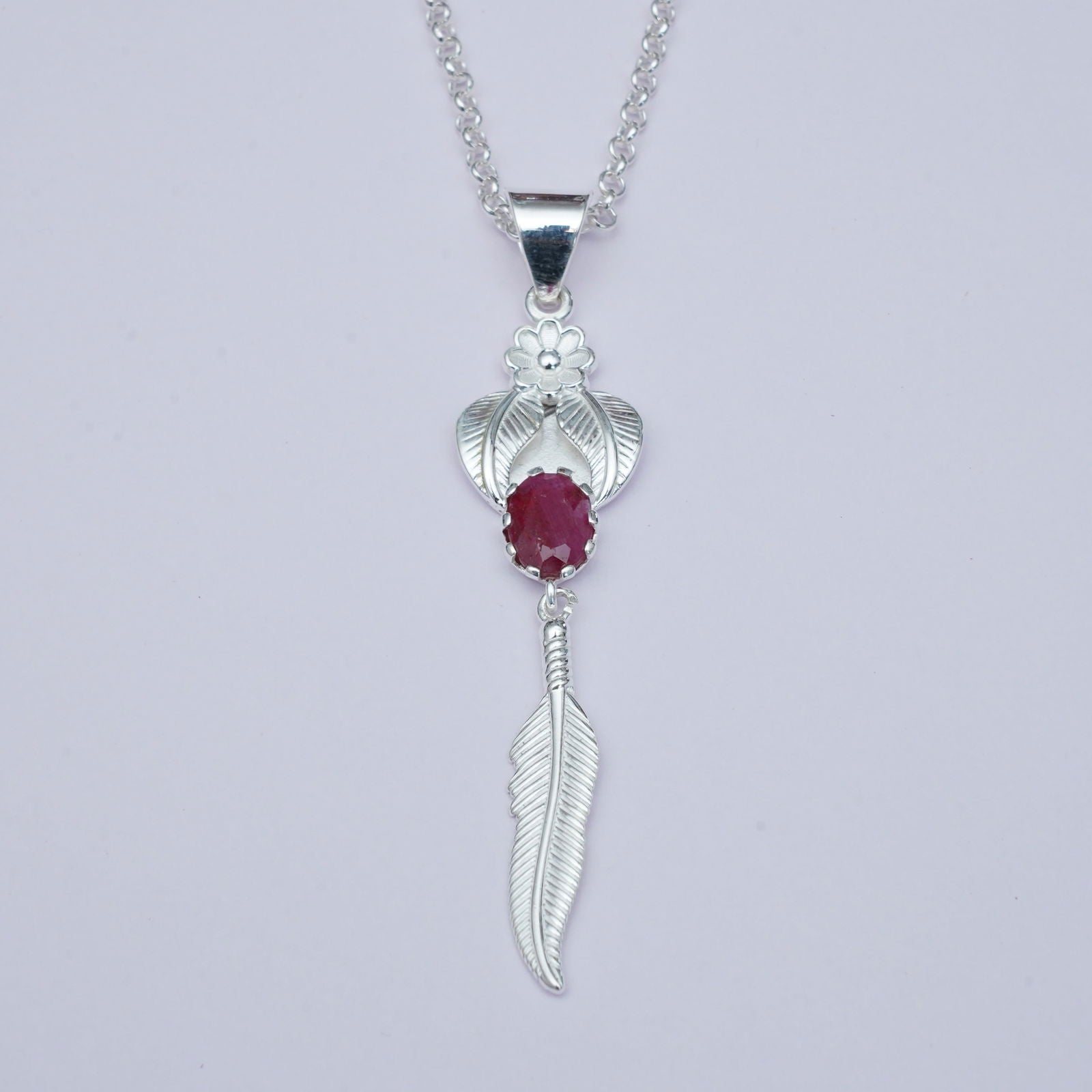 Feather Pendant With Red Gemstone Handmade  In Solid Sterling Silver