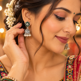 Mohnaa Harini Emerald Pearl Silver Jhumka Earrings