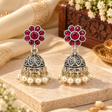 Mohnaa Rukmini Ruby Pearl Silver Jhumka Earrings