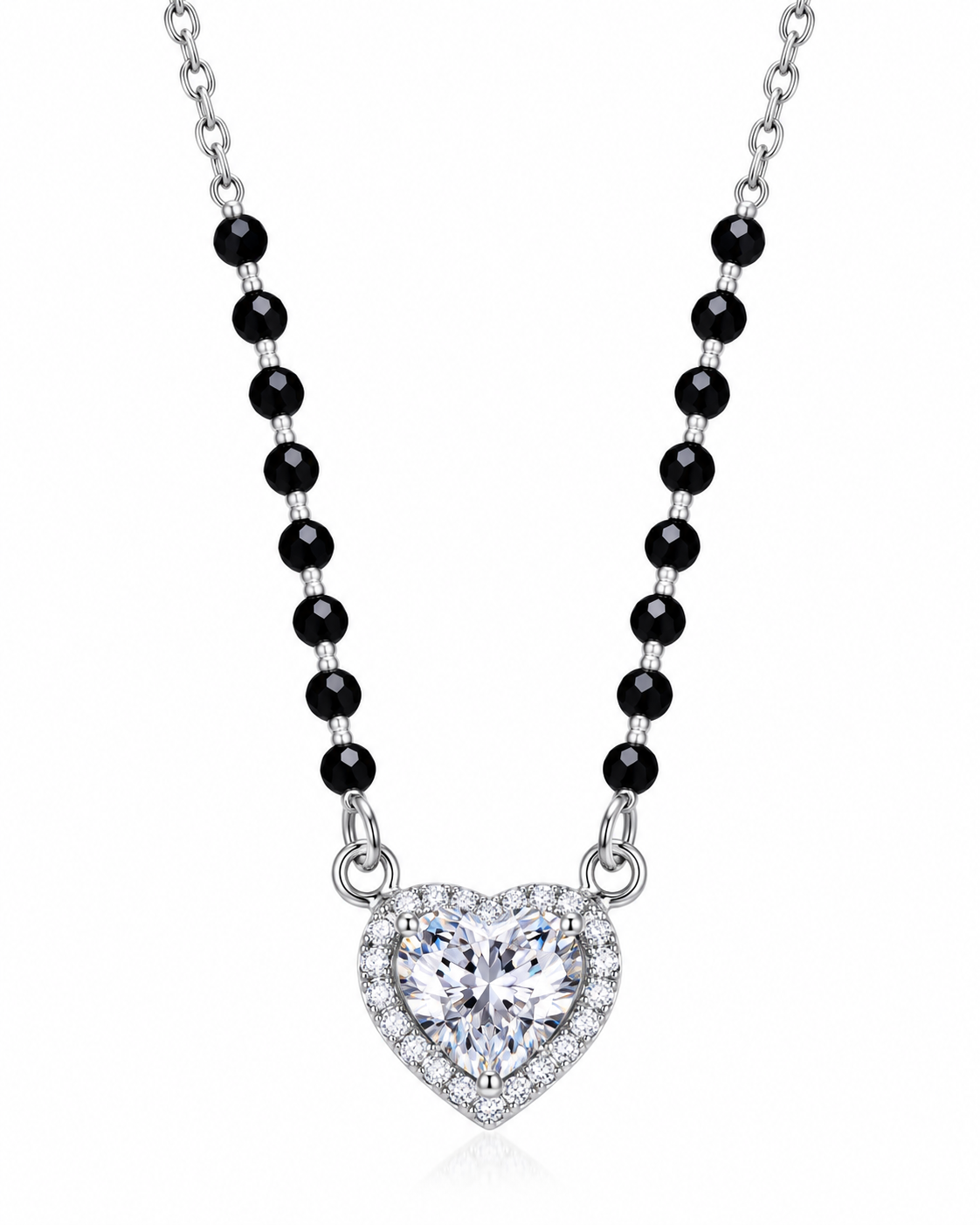 Mohnaa Aashvi 925 sterling silver mangalsutra featuring a heart-shaped centre stone pendant with a sparkling halo and faceted black beads on a white background.