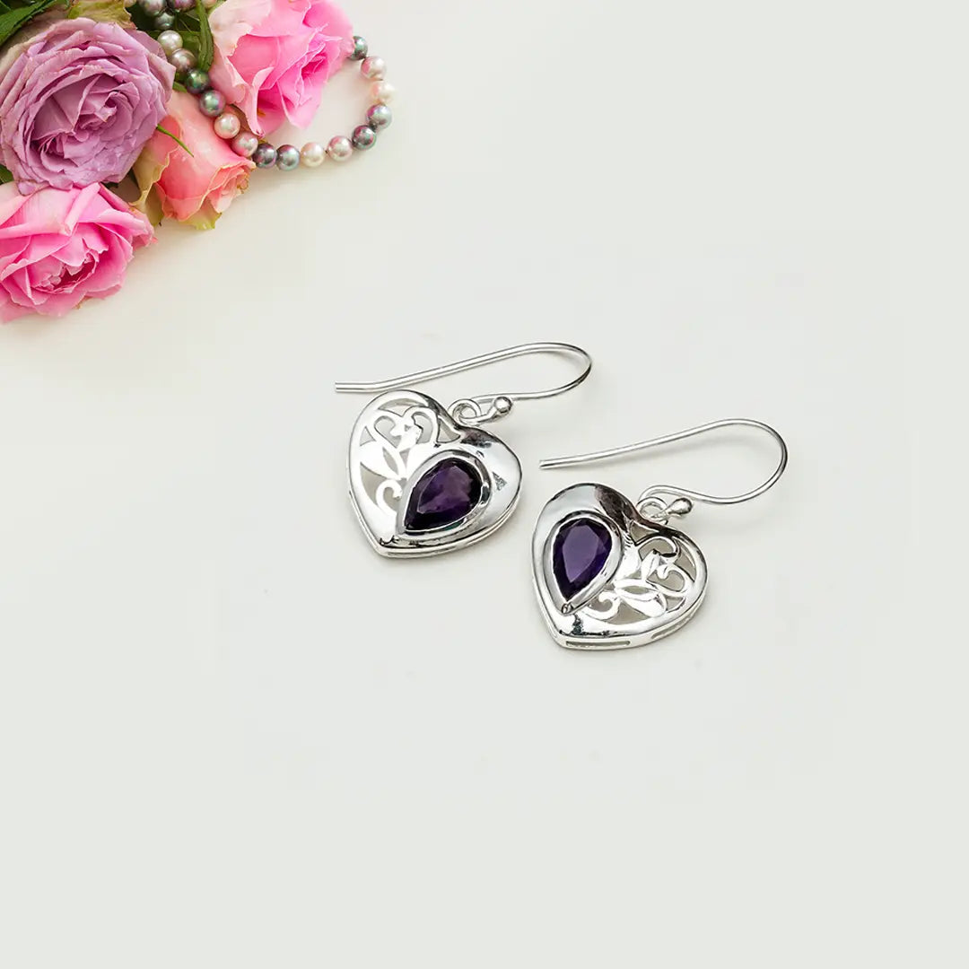 Heart Earrings With Semi Precious Amethyst Gemstone Solid 925 Sterling Silver