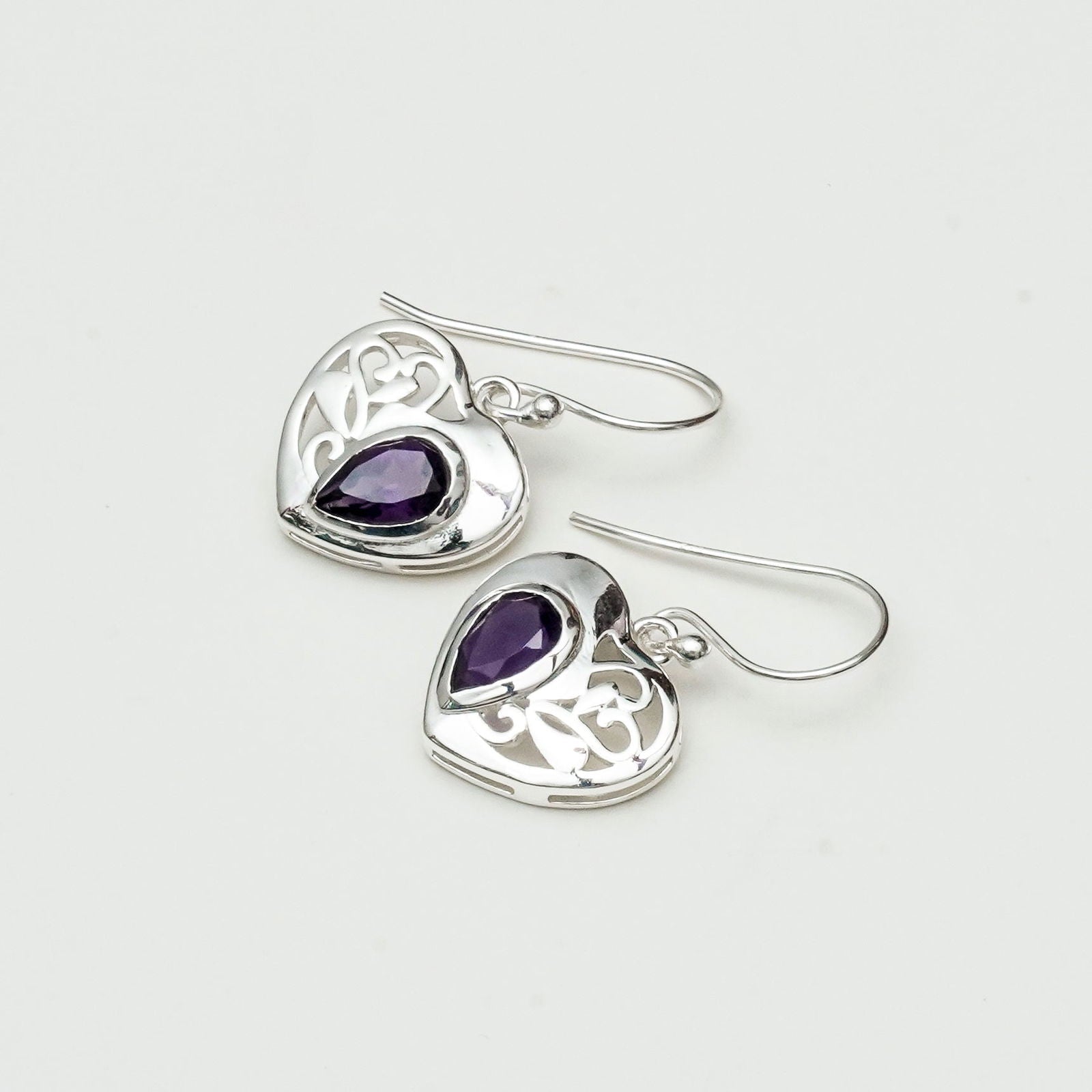 Heart Earrings With Semi Precious Amethyst Gemstone Solid 925 Sterling Silver