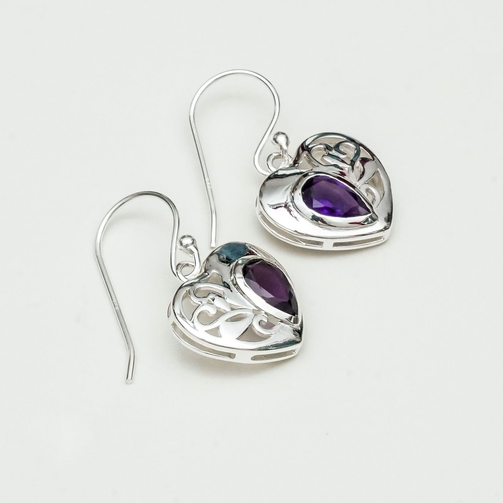 Heart Earrings With Semi Precious Amethyst Gemstone Solid 925 Sterling Silver