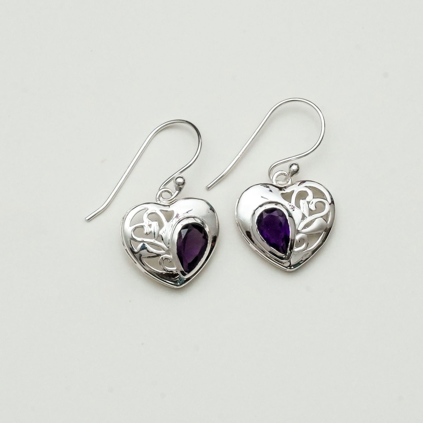 Heart Earrings With Semi Precious Amethyst Gemstone Solid 925 Sterling Silver