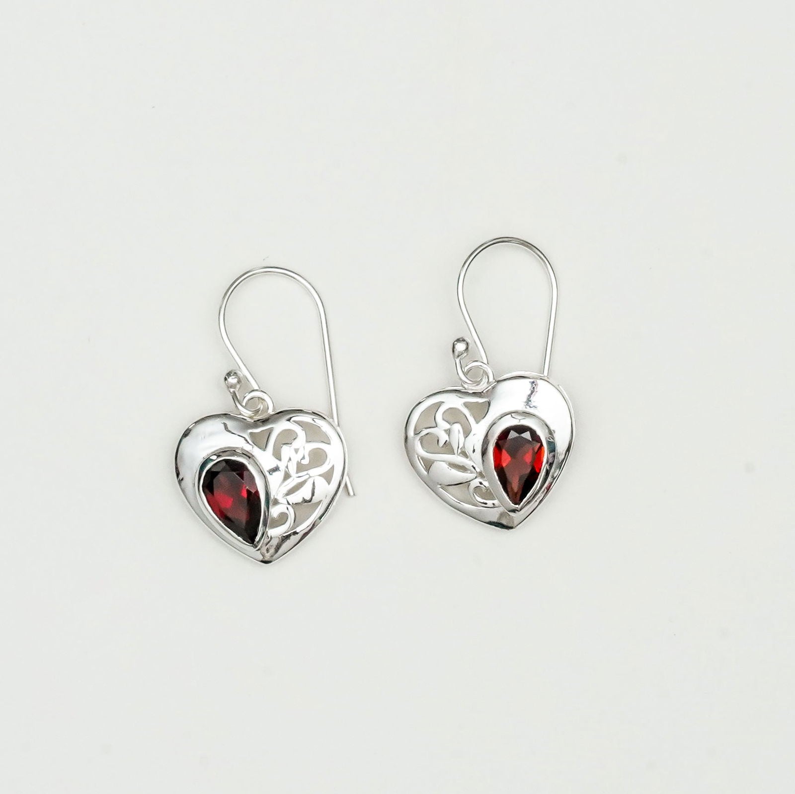 Heart Earrings With Semi Precious Garnet Gemstone Solid 925 Sterling Silver