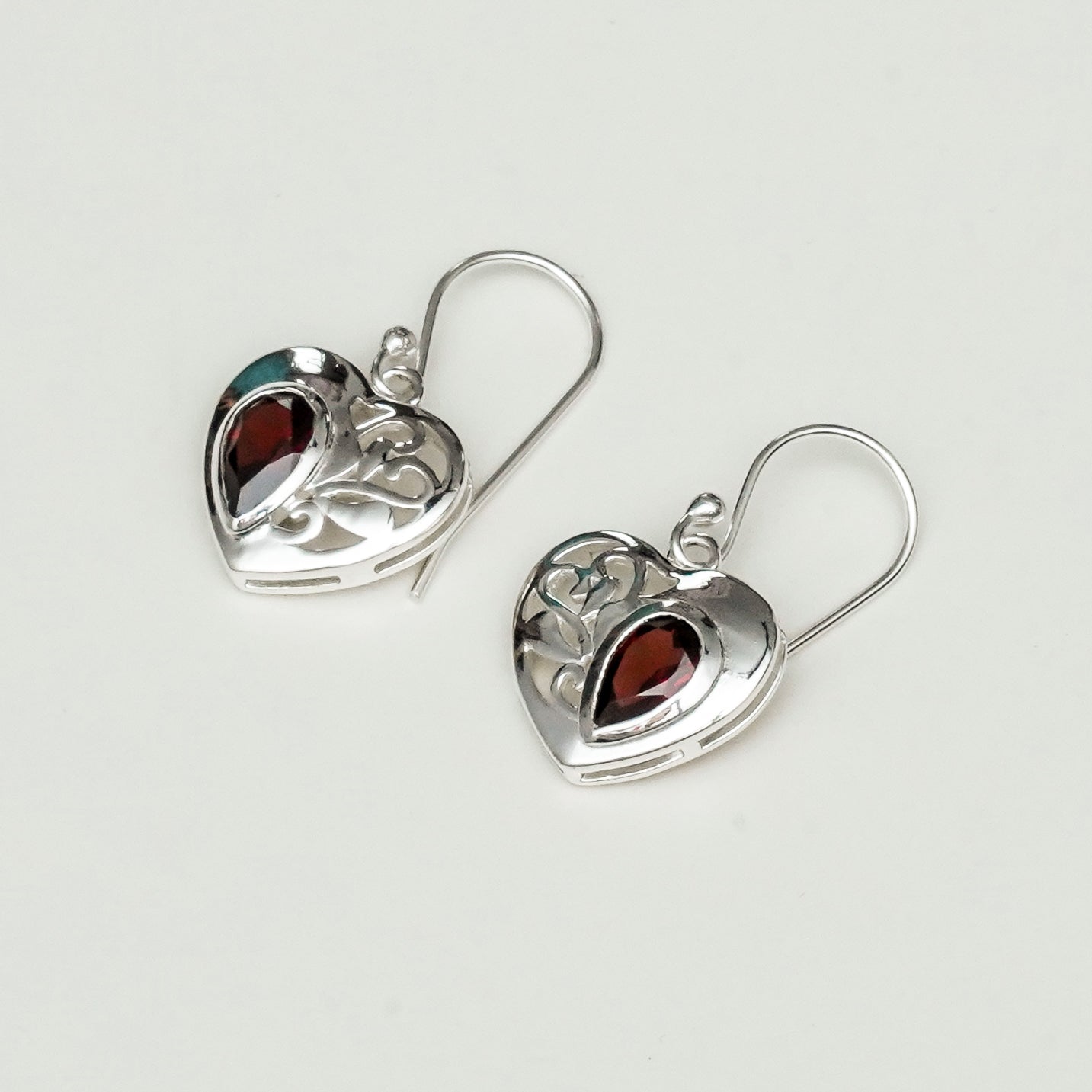 Heart Earrings With Semi Precious Garnet Gemstone Solid 925 Sterling Silver