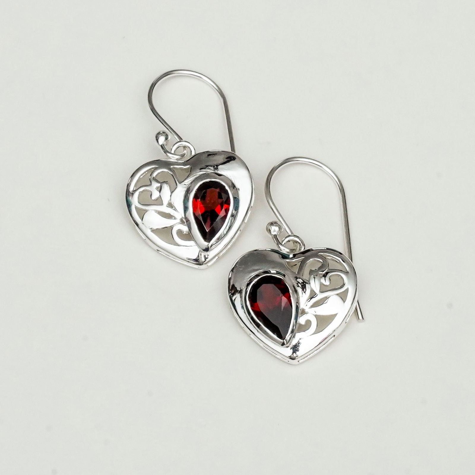 Heart Earrings With Semi Precious Garnet Gemstone Solid 925 Sterling Silver