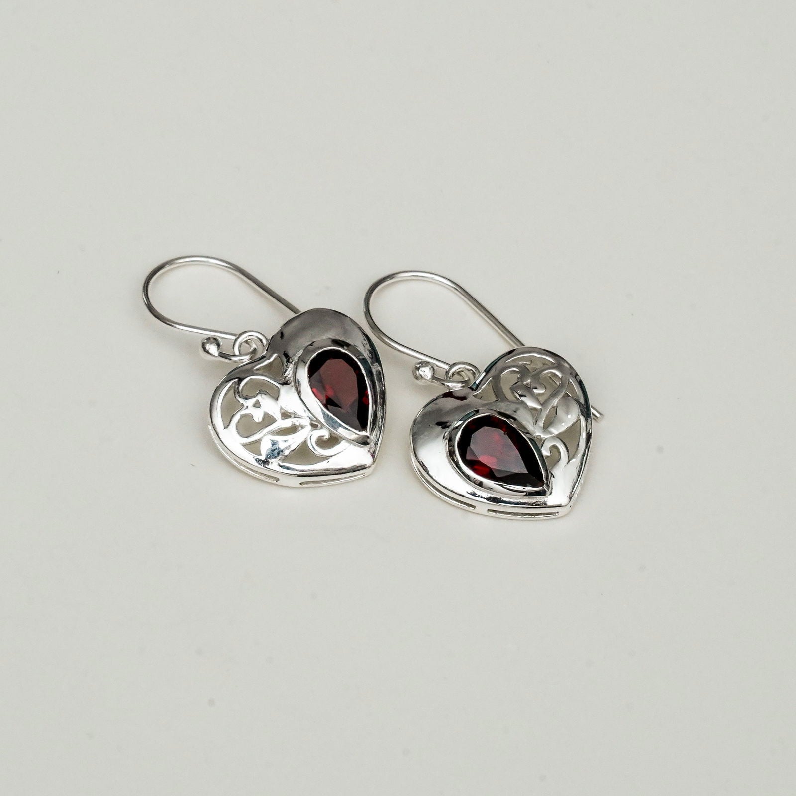 Heart Earrings With Semi Precious Garnet Gemstone Solid 925 Sterling Silver