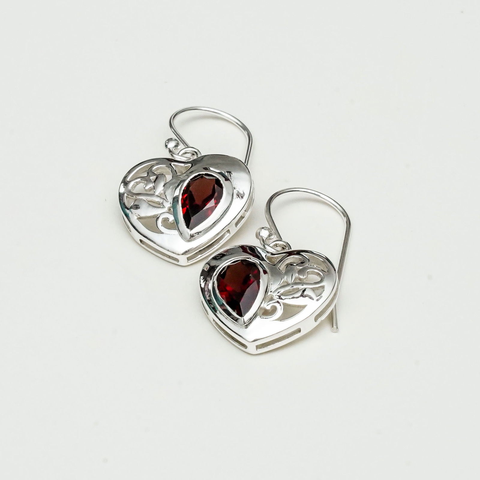 Heart Earrings With Semi Precious Garnet Gemstone Solid 925 Sterling Silver