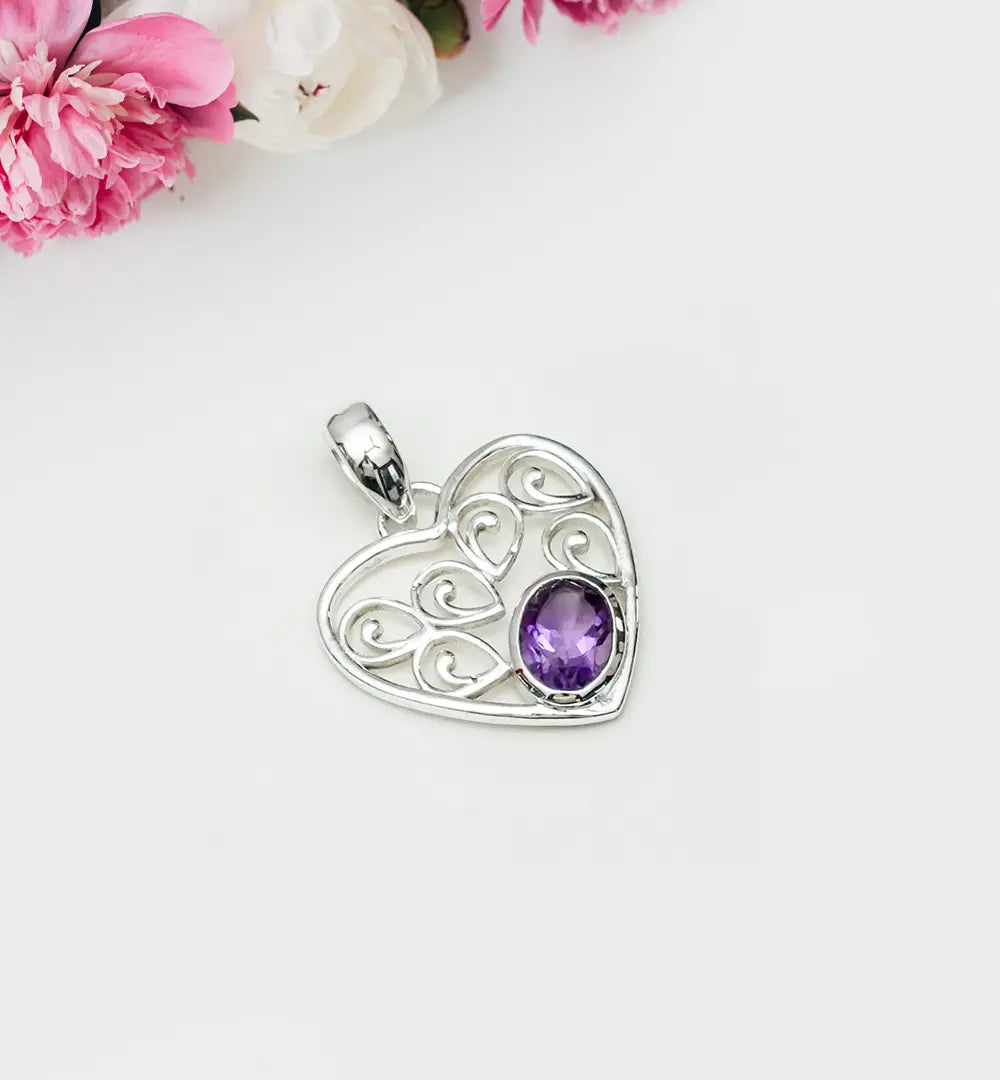 Heart Pendant With Amethyst Gemstone in 925 Solid Sterling Silver