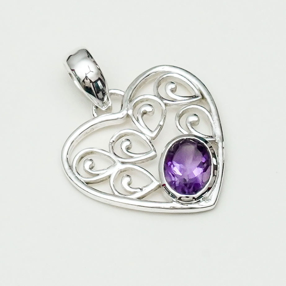 Heart Pendant With Amethyst Gemstone in 925 Solid Sterling Silver