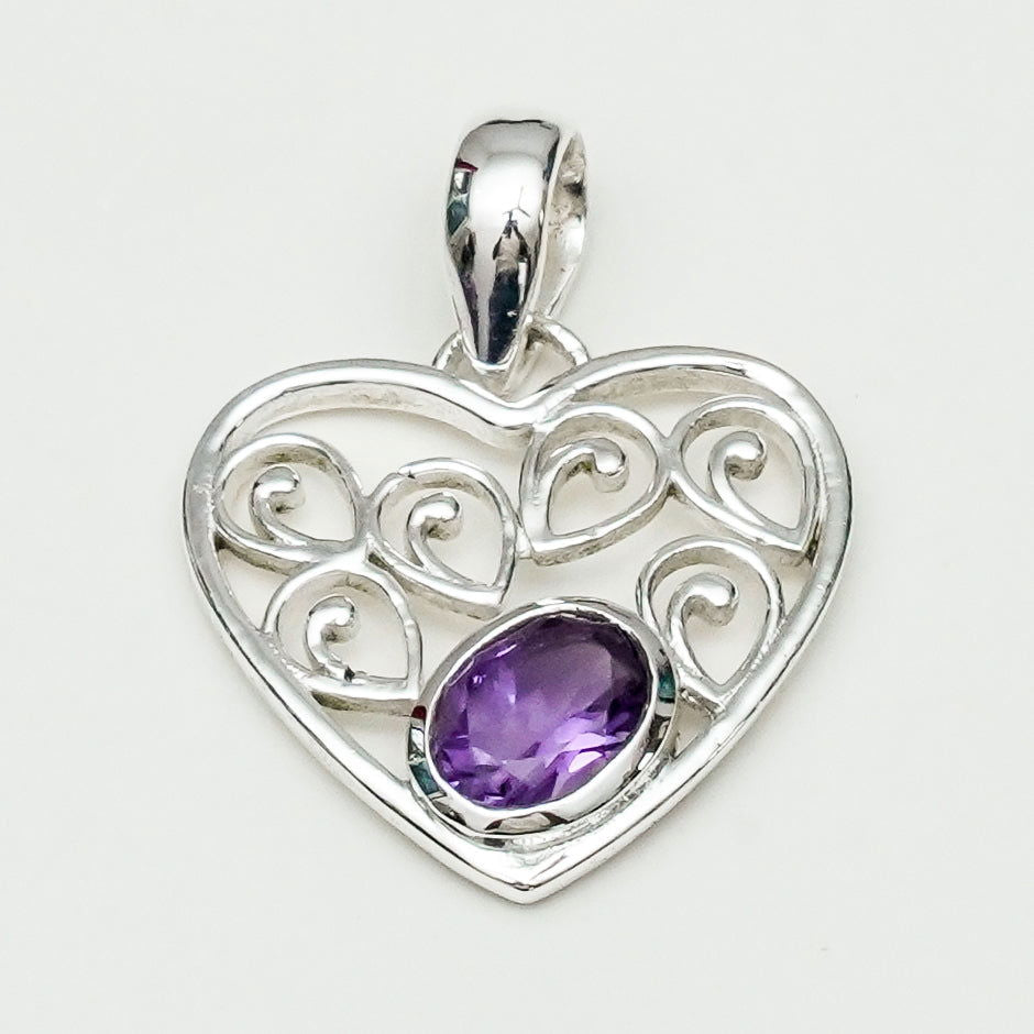 Heart Pendant With Amethyst Gemstone in 925 Solid Sterling Silver