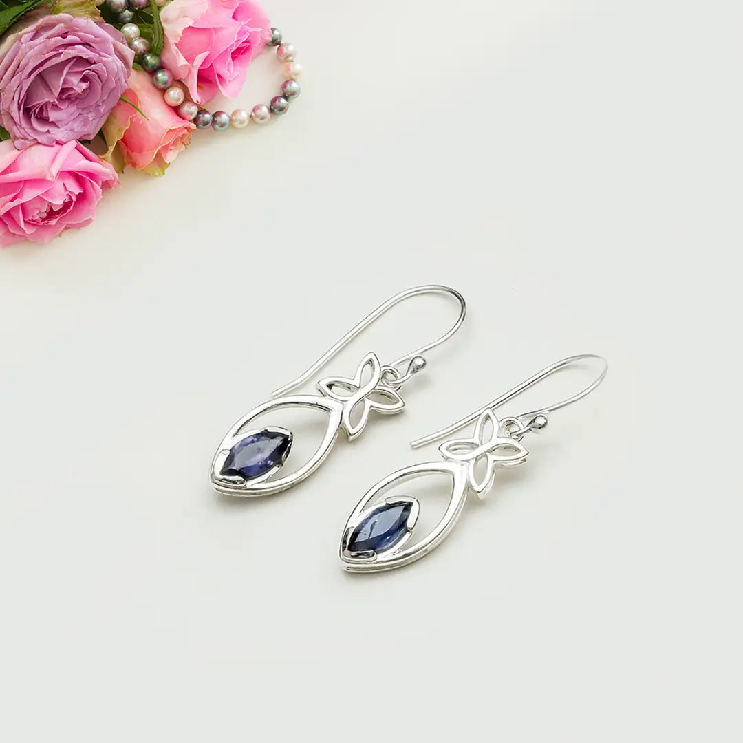 Leaf Earring With Semi Precious Amethyst Gemstone In Solid 925 Sterling Silver