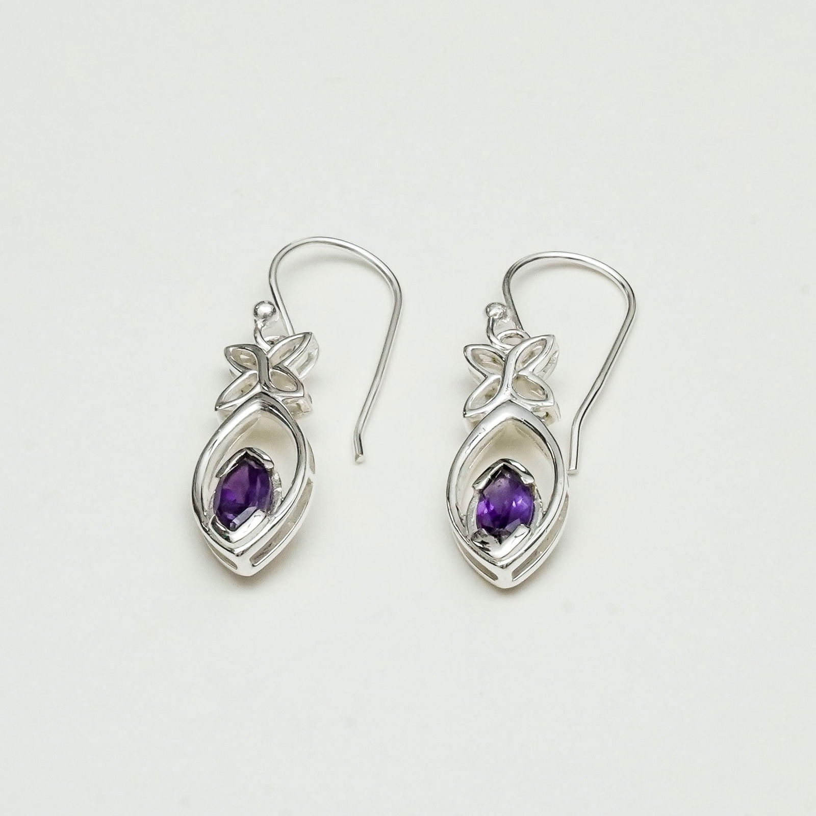Leaf Earring With Semi Precious Amethyst Gemstone In Solid 925 Sterling Silver