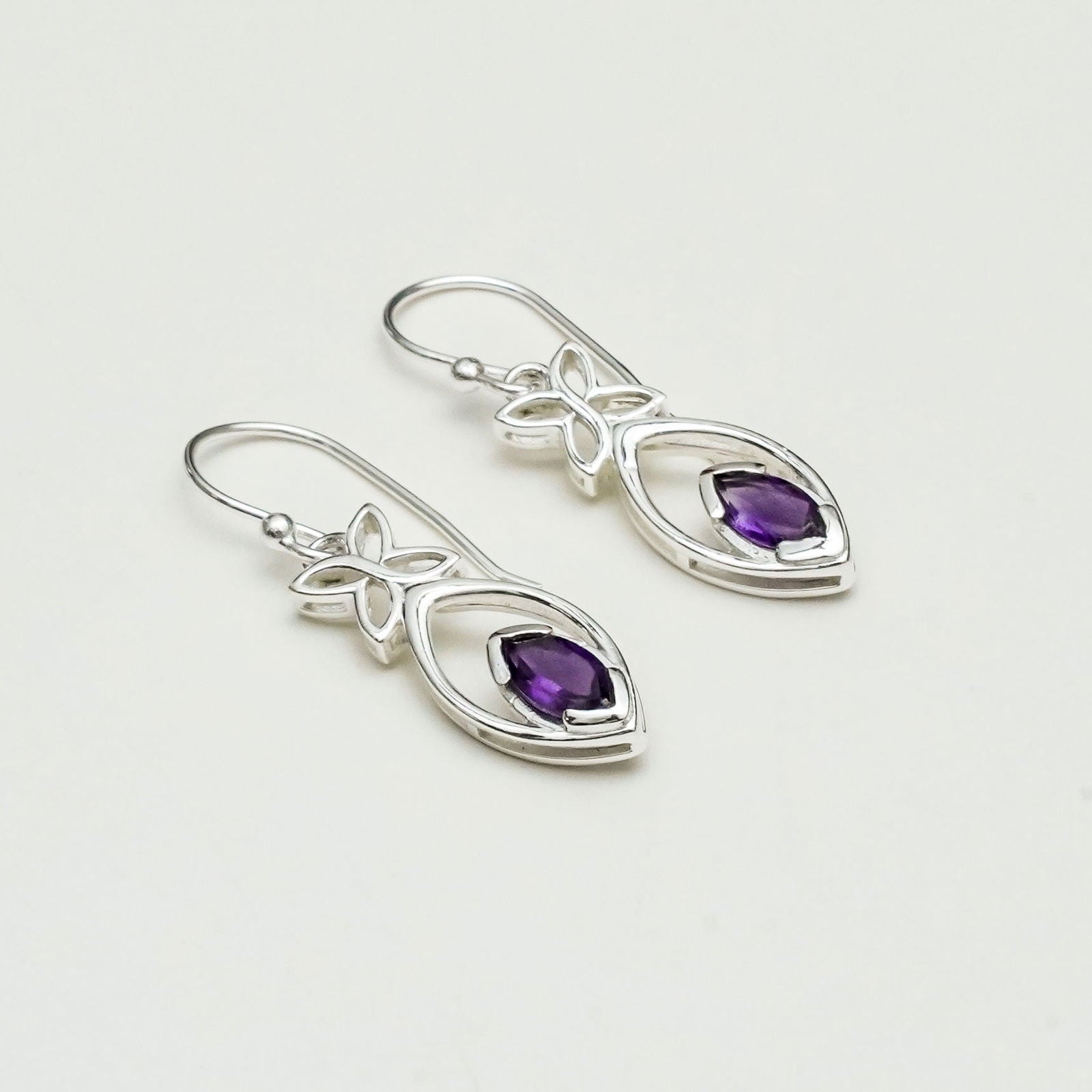 Leaf Earring With Semi Precious Amethyst Gemstone In Solid 925 Sterling Silver