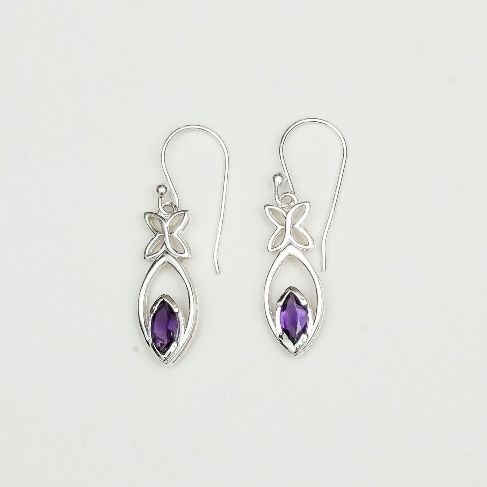 Leaf Earring With Semi Precious Amethyst Gemstone In Solid 925 Sterling Silver