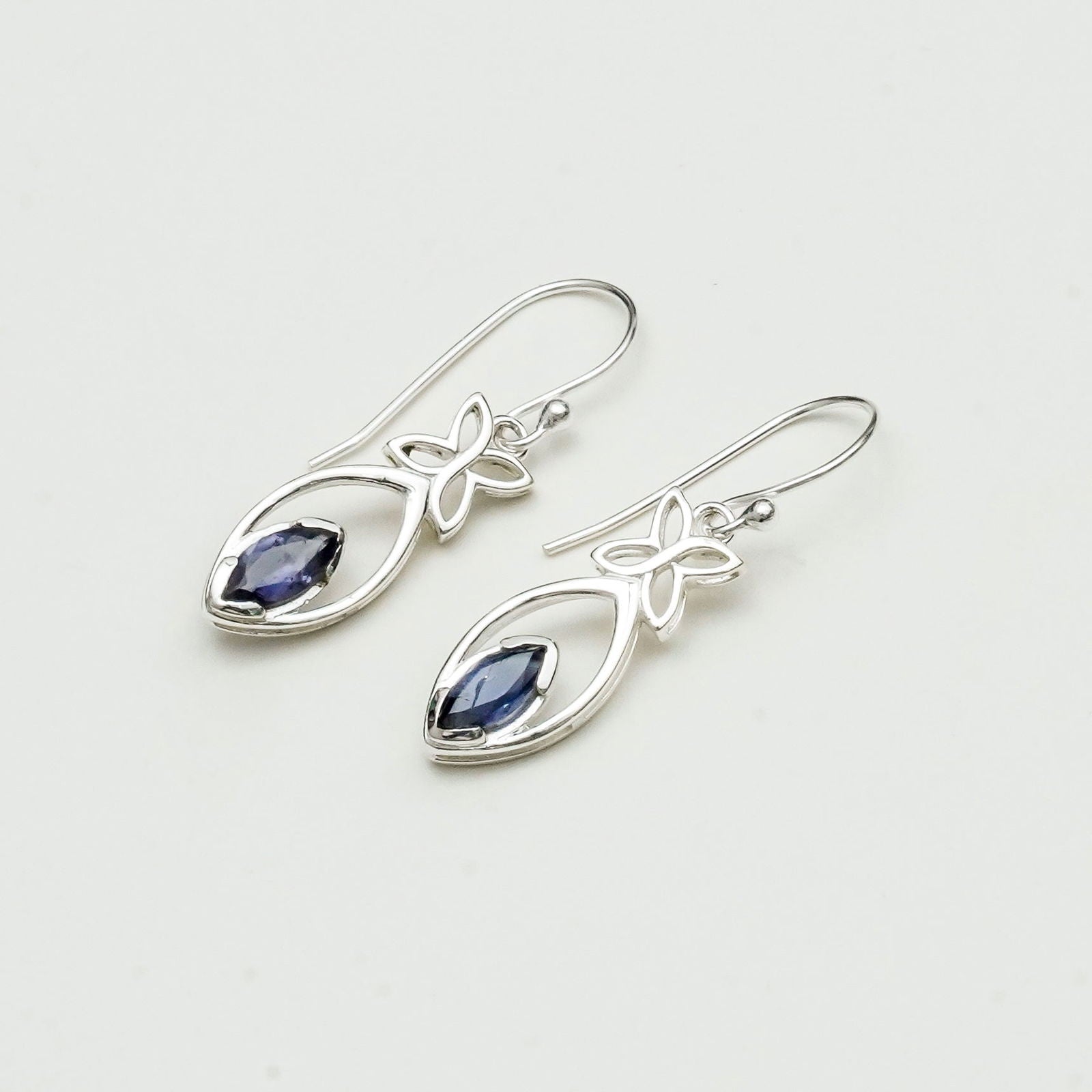 Leaf Earring With Semi Precious Iolite Gemstone In Solid 925 Sterling Silver