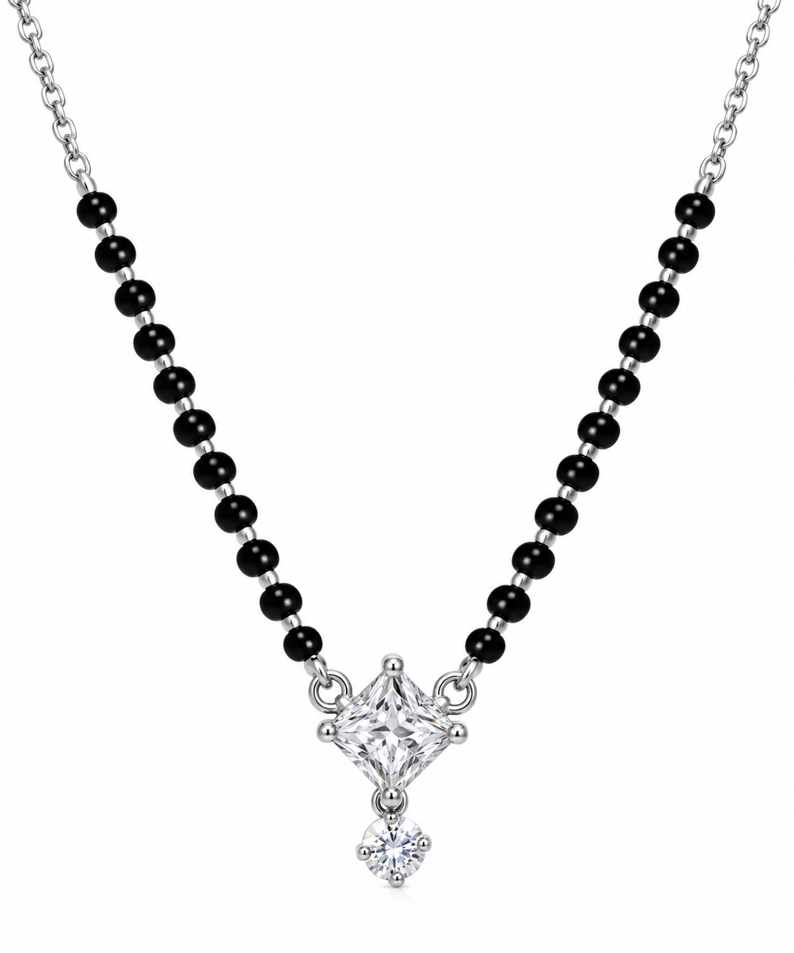Elegant Mohnaa Kiara 925 sterling silver mangalsutra featuring a square-cut sparkling pendant with a delicate round-stone drop on a white background.