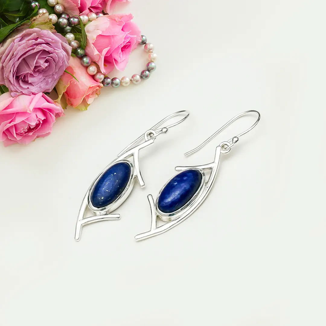 Modern Earrings With Lapis Gemstone in 925 Sterling Silver