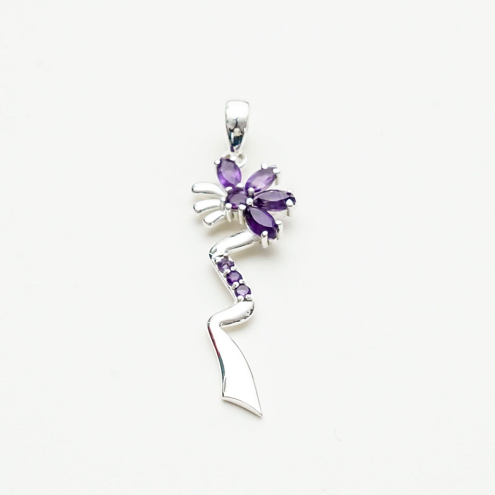 Modern Flower Pendent With Amethyst Gemstone In Solid Sterling Silver