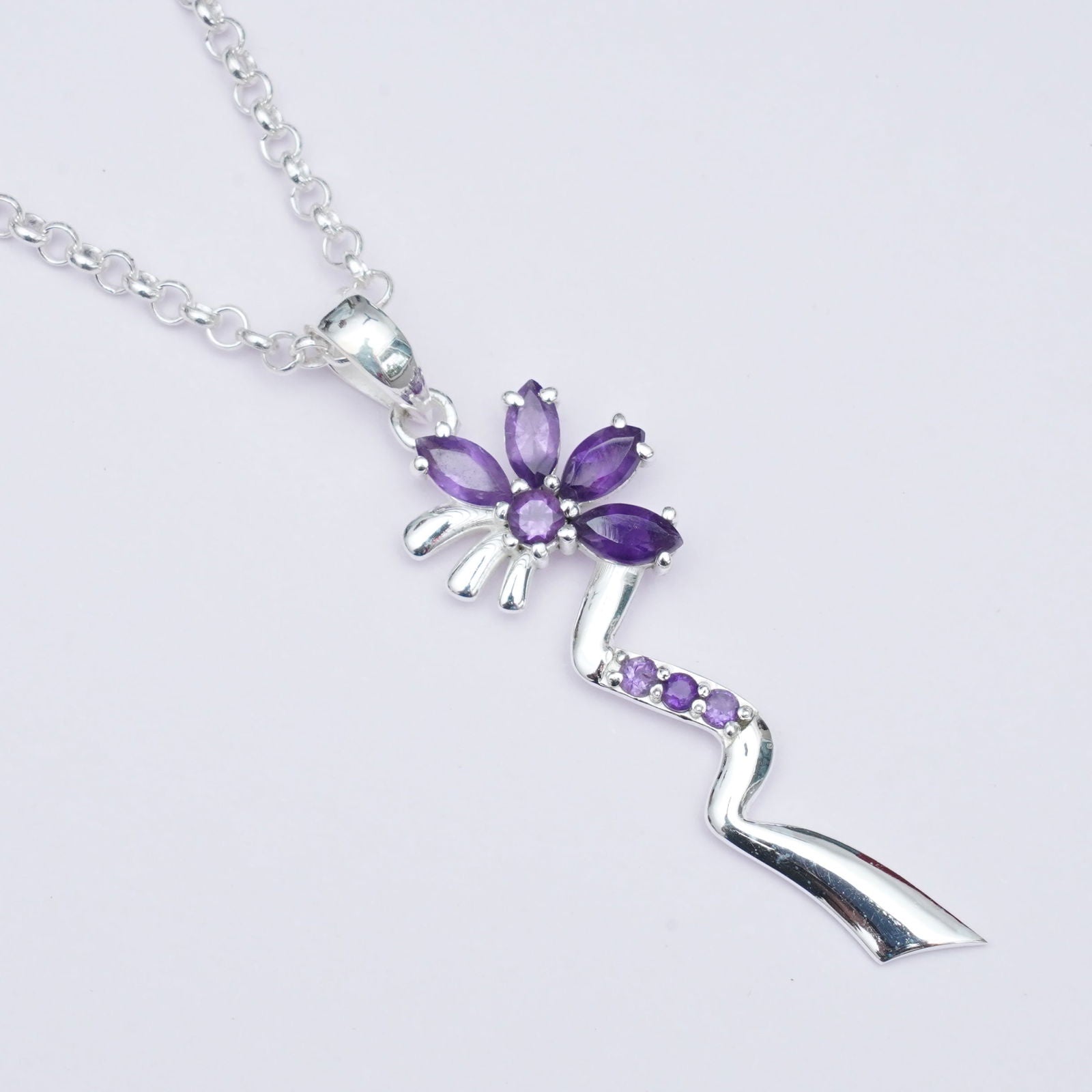 Modern Flower Pendent With Amethyst Gemstone In Solid Sterling Silver