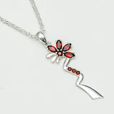 Modern Flower Pendent With Garnet Gemstone In Solid Sterling Silver
