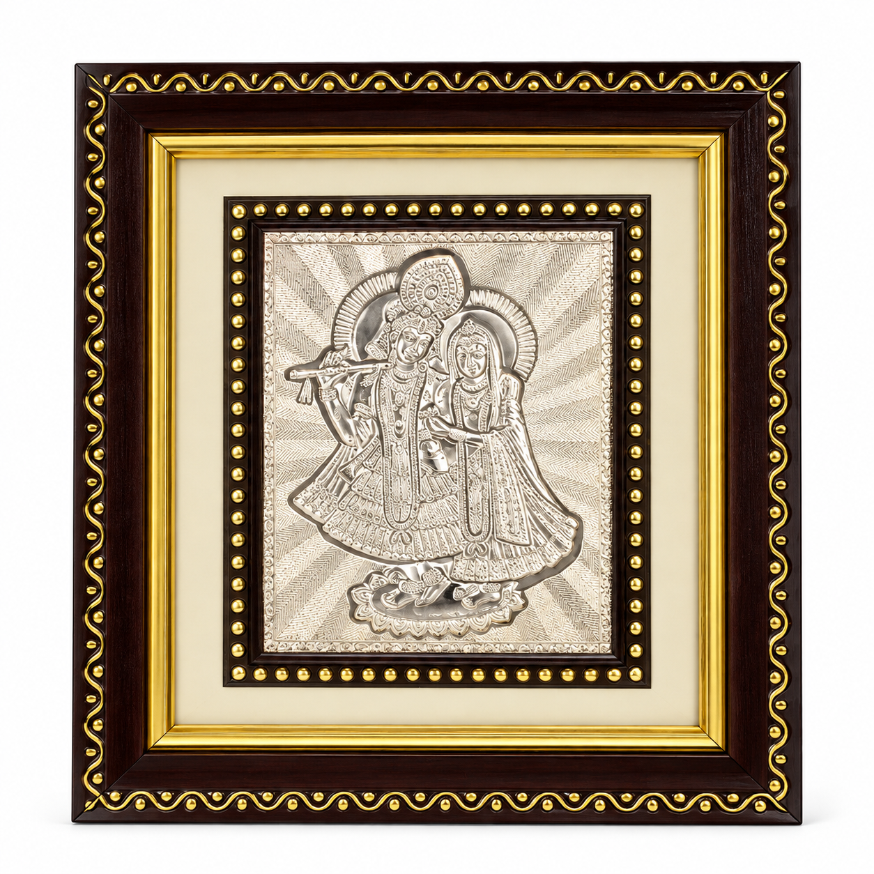 Radha Krishna silver-toned devotional artwork in an ornate dark brown decorative frame with golden accents