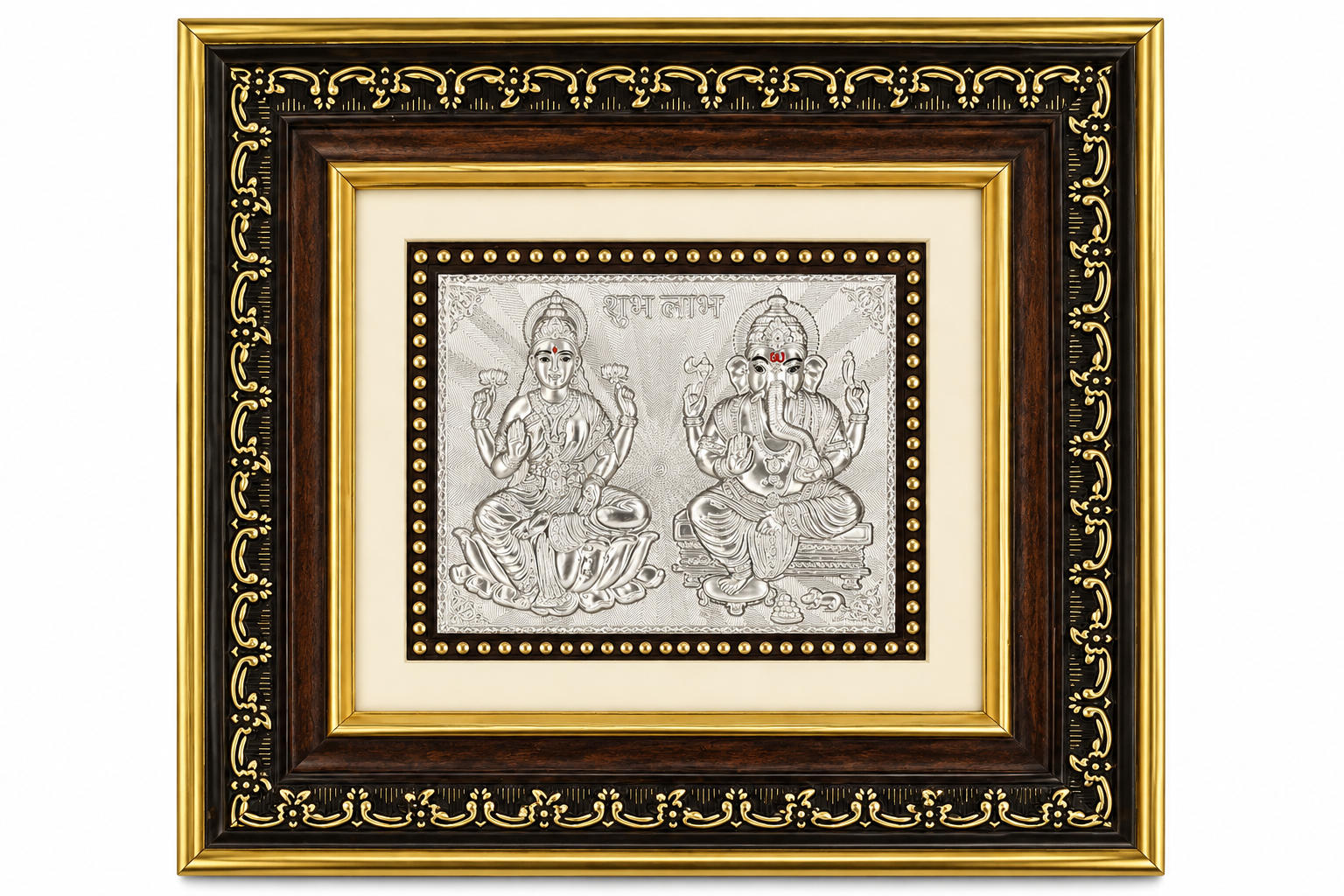 Lakshmi Ganesha silver-tone relief artwork with Shubh Labh inscription in an ornate black and gold decorative frame by Mohnaa Jewels