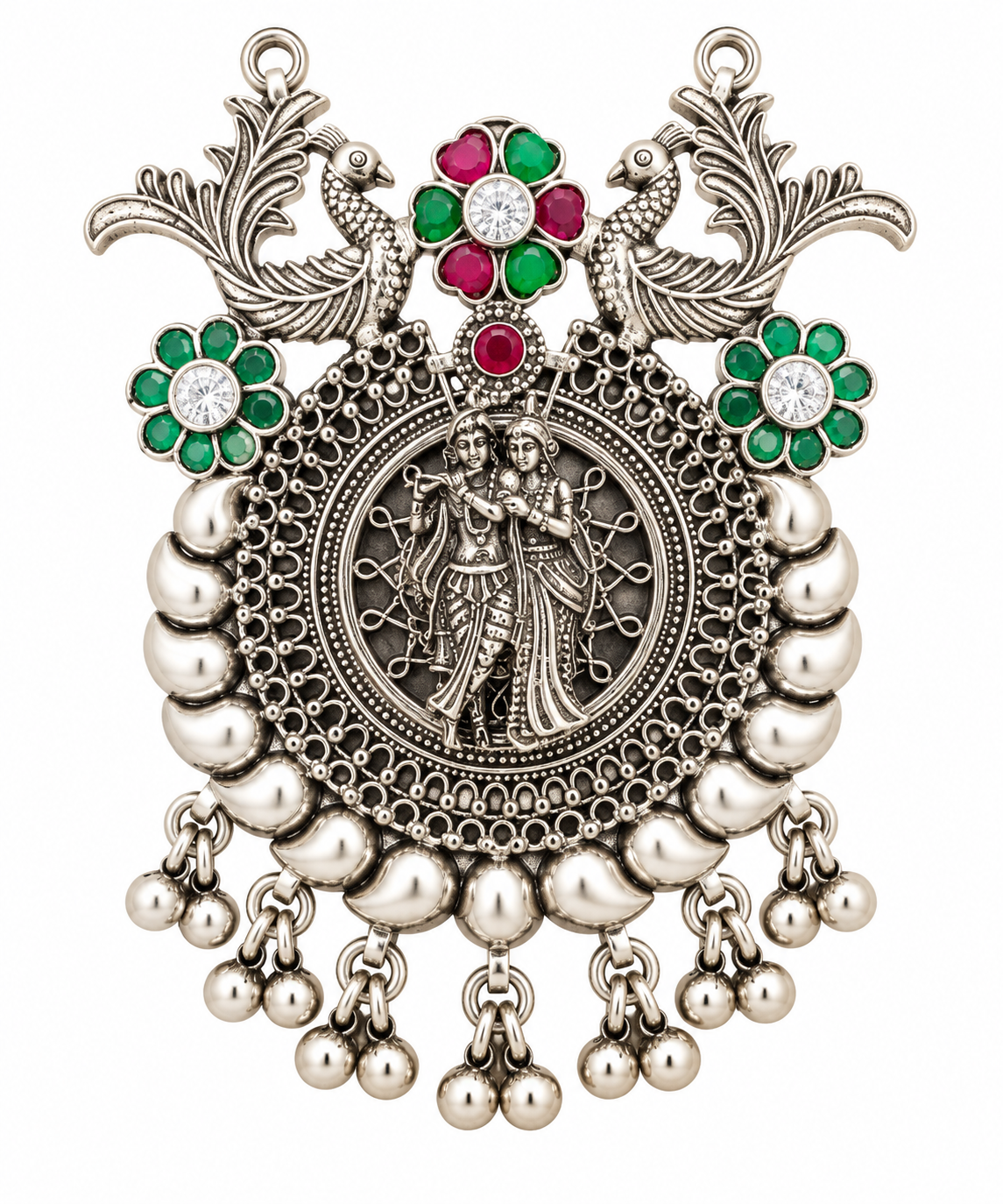 Handcrafted 925 silver Radha Madhav peacock pendant with multicolour accent stones and antique finish by Mohnaa Jewels