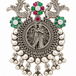 Handcrafted 925 silver Radha Madhav peacock pendant with multicolour accent stones and antique finish by Mohnaa Jewels