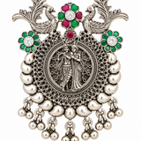 Handcrafted 925 silver Radha Madhav peacock pendant with multicolour accent stones and antique finish by Mohnaa Jewels