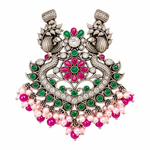 Handcrafted 925 silver peacock heritage pendant with floral detailing, multicolour accents and decorative bead danglers by Mohnaa Jewels
