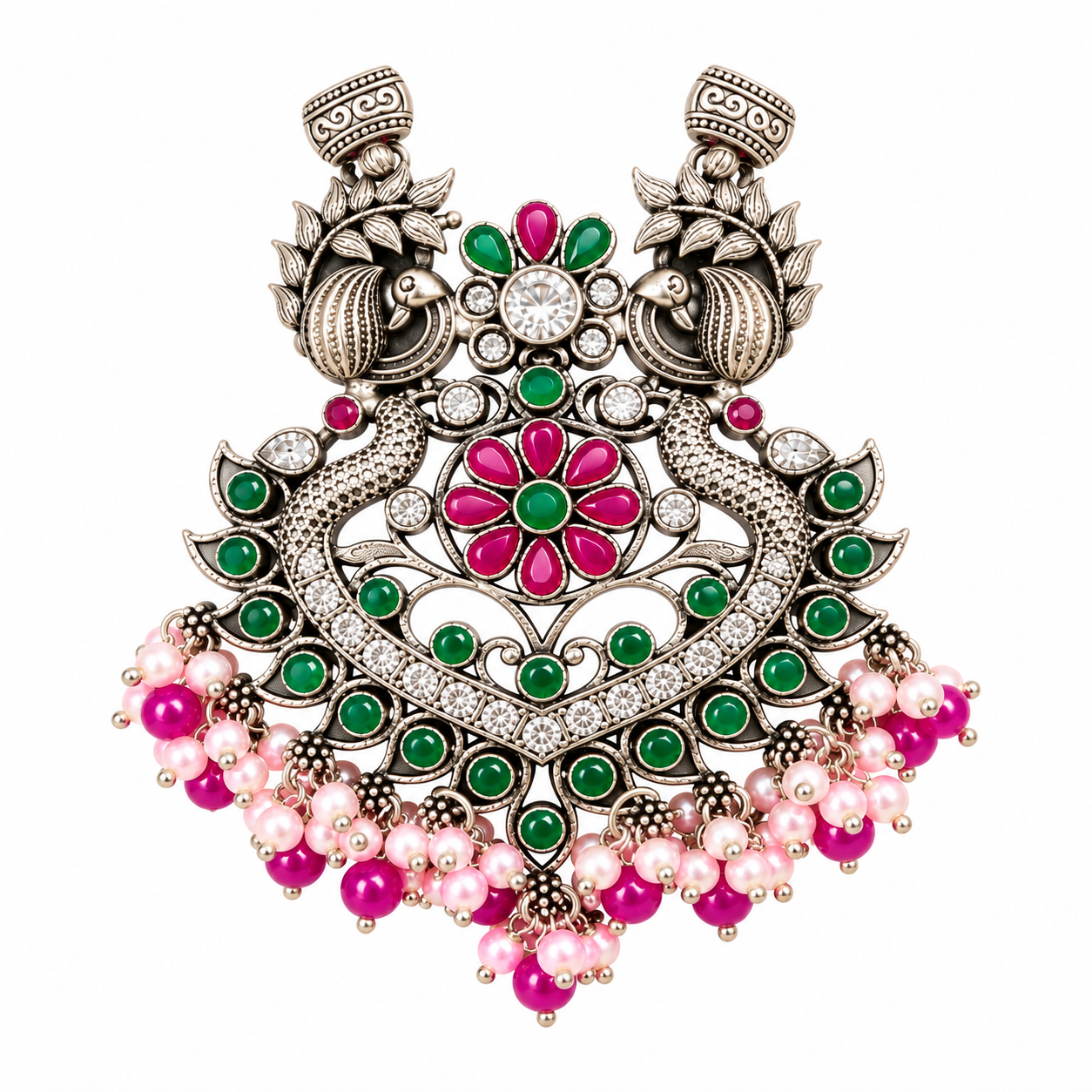 Handcrafted 925 silver peacock heritage pendant with floral detailing, multicolour accents and decorative bead danglers by Mohnaa Jewels