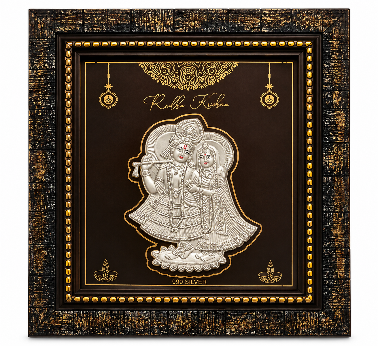 Shri Radha Krishna silver relief artwork with 999 SILVER inscription in an ornate black and gold decorative frame by Mohnaa Jewels