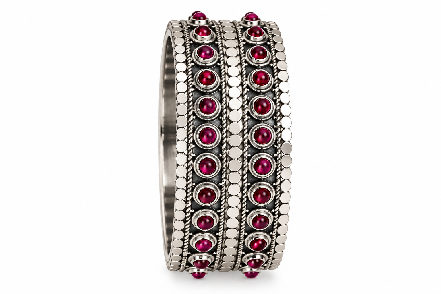Ruby Royale 925 Sterling Silver Kada with ruby-colored synthetic stones and handcrafted oxidized silver detailing