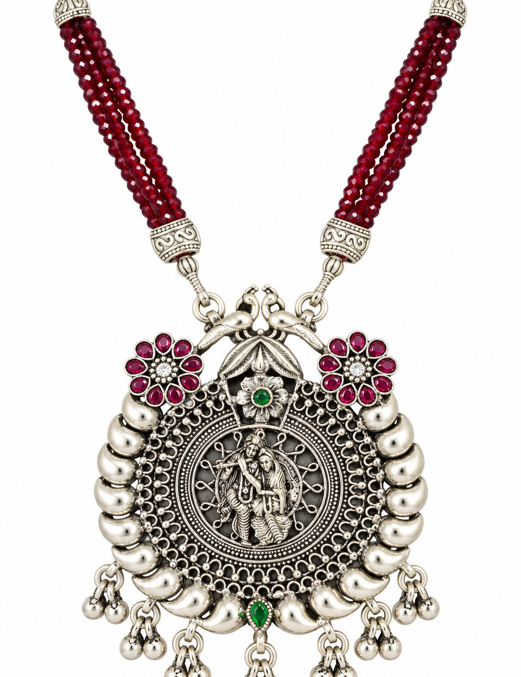 Handcrafted 925 silver Radha Madhav pendant set with maroon crystal mala and antique finish by Mohnaa Jewels