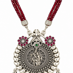 Handcrafted 925 silver Radha Madhav pendant set with maroon crystal mala and antique finish by Mohnaa Jewels