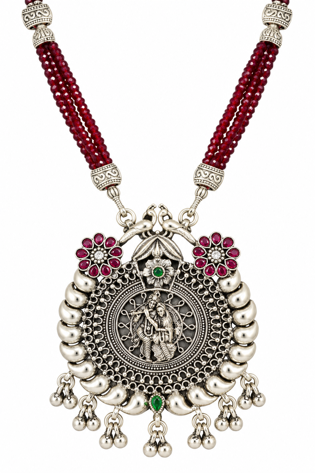 Handcrafted 925 silver Radha Madhav pendant set with maroon crystal mala and antique finish by Mohnaa Jewels