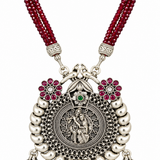 Handcrafted 925 silver Radha Madhav pendant set with maroon crystal mala and antique finish by Mohnaa Jewels
