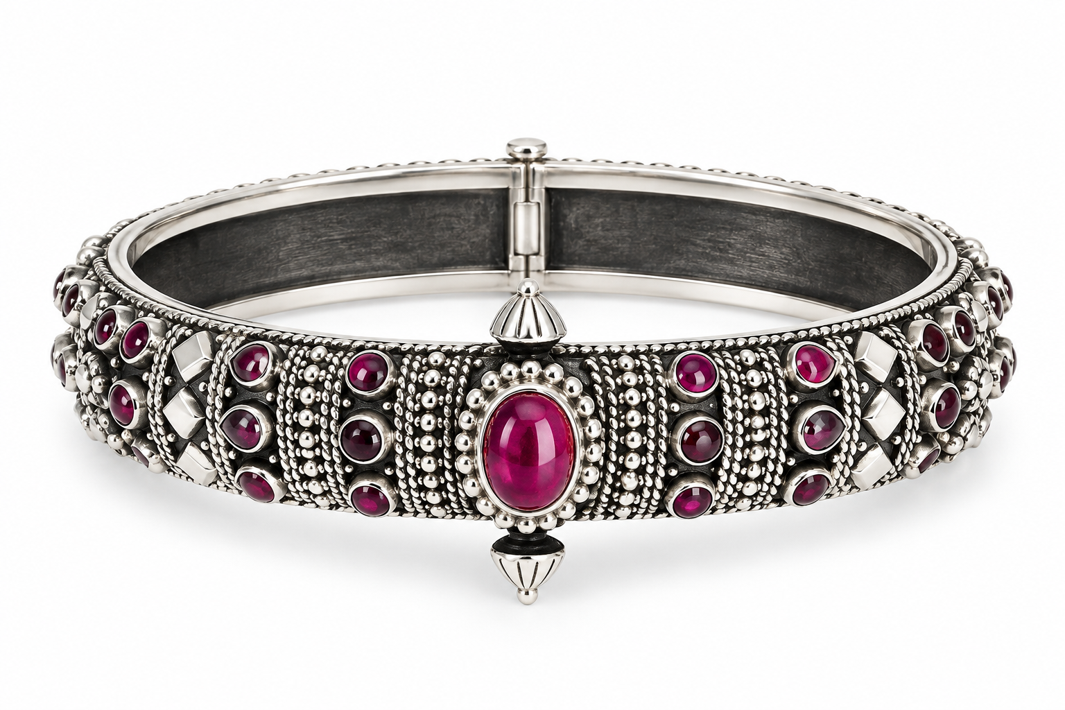 Rajnika Ruby Heritage Kada handcrafted in 925 sterling silver featuring intricate beadwork and ruby-colored synthetic stone accents