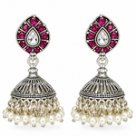 Mohnaa Rajnika 925 sterling silver jhumka earrings with ruby pink cubic zirconia accents, white pear-cut CZ centerpiece and pearl drop detailing.