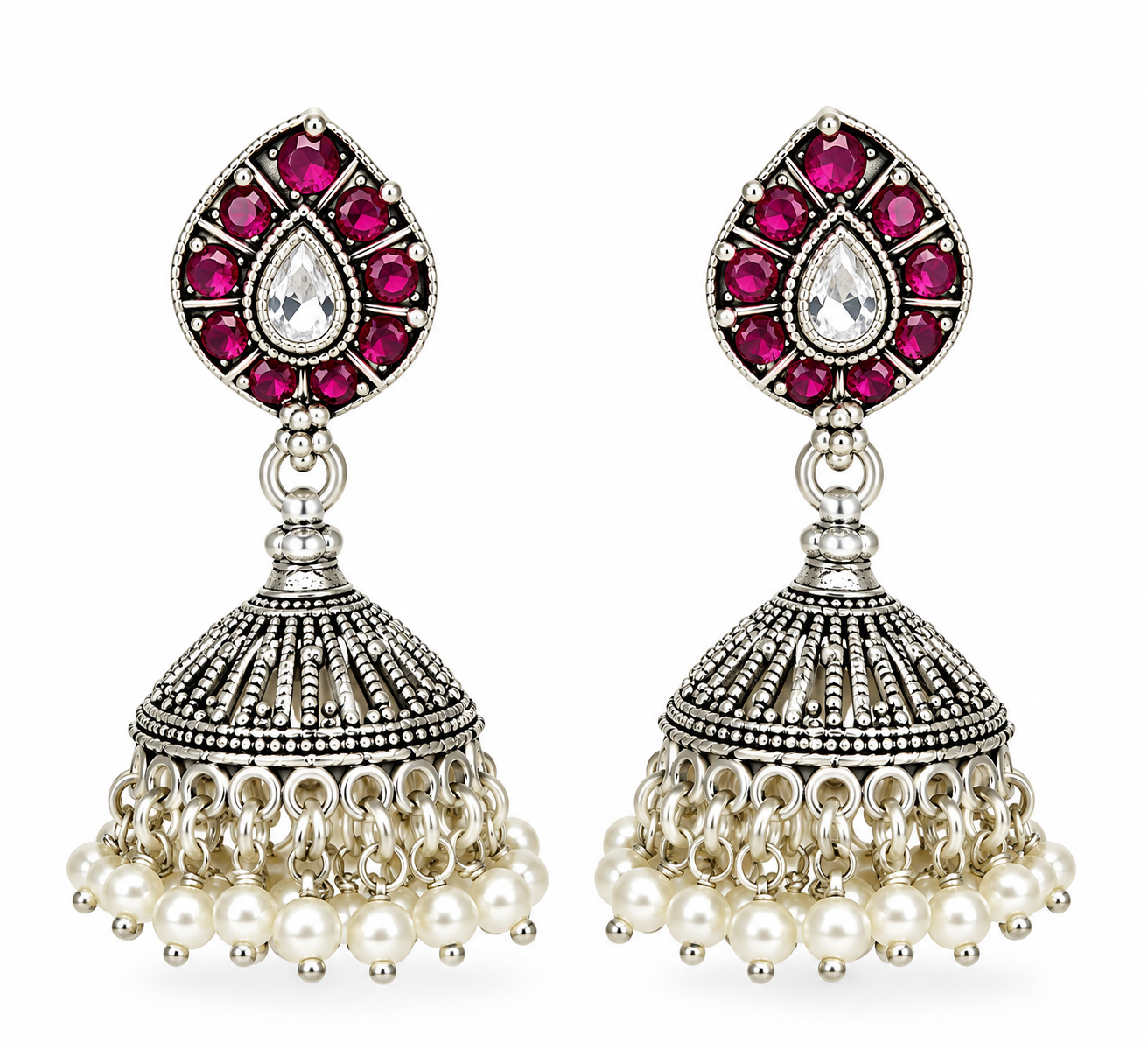 Mohnaa Rajnika 925 sterling silver jhumka earrings with ruby pink cubic zirconia accents, white pear-cut CZ centerpiece and pearl drop detailing.