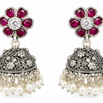 Mohnaa Vasundhara Ruby Pearl 925 Sterling Silver Jhumka Earrings with ruby pink CZ stones and pearl drops