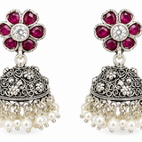 Mohnaa Vasundhara Ruby Pearl 925 Sterling Silver Jhumka Earrings with ruby pink CZ stones and pearl drops