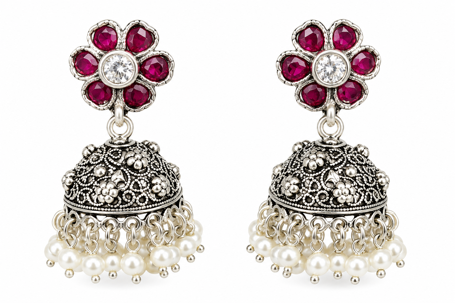 Mohnaa Vasundhara Ruby Pearl 925 Sterling Silver Jhumka Earrings with ruby pink CZ stones and pearl drops